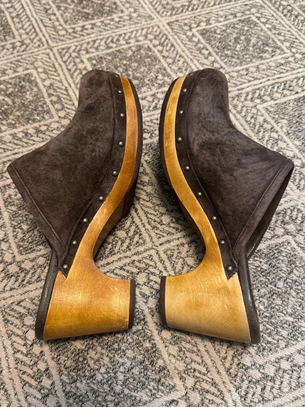 Ugg Women’s Brown Suede Clog Mules with Wood-Look Heel and Shearling Interior